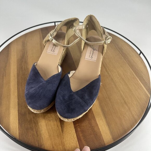Navy Blue & Beige Juncal Aguirre Espadrille Wedge Sandals With Adjustable Ankle - Picture 4 of 9